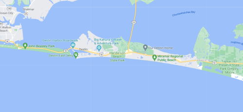 Map showing the coastline of Destin, Florida, highlighting beaches and parks along the area.