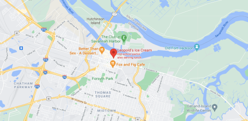 Map showing Savannah, Georgia, highlighting Leopold's Ice Cream and nearby landmarks like Forsyth Park and the Savannah Harbor.