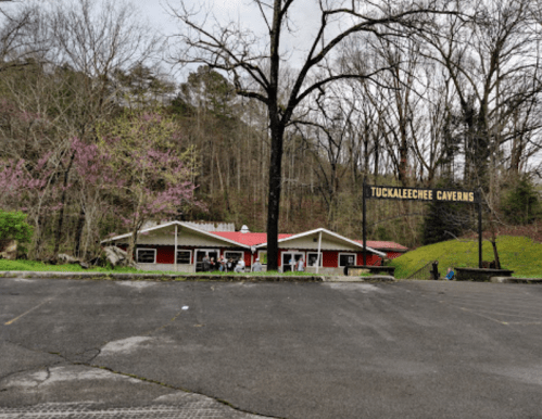 A rustic building with a red roof, surrounded by trees, with a sign reading "Tuckaleechee Caverns" in the foreground.