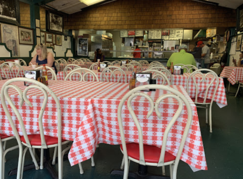 A cozy restaurant interior with red and white checkered tables, empty chairs, and a visible kitchen in the background.