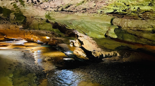 A dimly lit cave interior with a flowing stream and textured rock formations illuminated by soft lights.