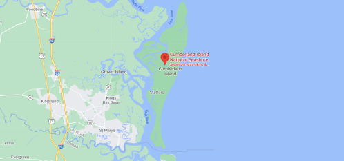 Map showing Cumberland Island National Seashore, located off the coast of Georgia, near St. Marys.
