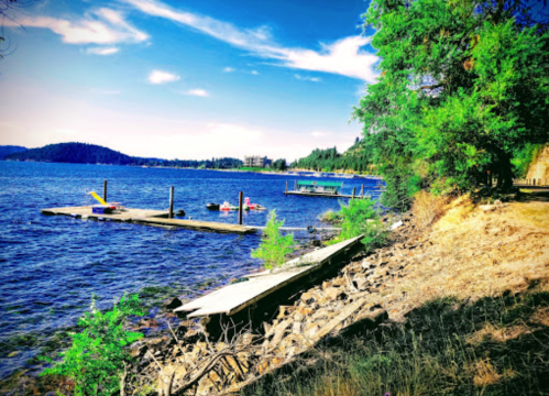 A serene lakeside view with docks, boats, and lush greenery under a bright blue sky.