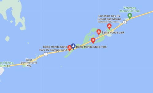 Map showing Bahia Honda State Park, campground, and nearby RV resorts in the Florida Keys.