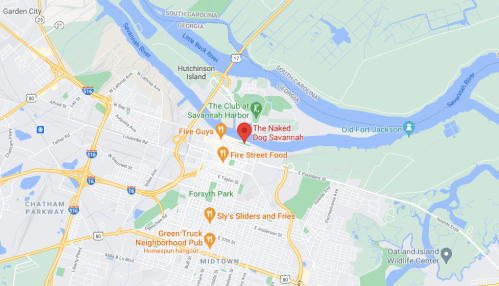 Map of Savannah, Georgia, highlighting locations like The Naked Dog Savannah and Five Guys.