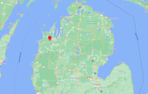 Map of Michigan highlighting the location of Traverse City in red. Surrounding areas are shown in green.