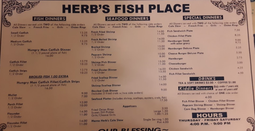 Menu for Herb's Fish Place featuring fish, seafood, and special dinners with prices and drink options listed.