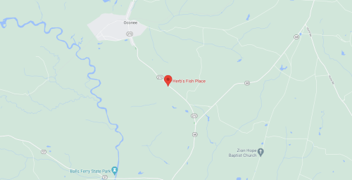 Map showing the location of "Herb's Fish Place" near Oconee, with surrounding roads and landmarks.