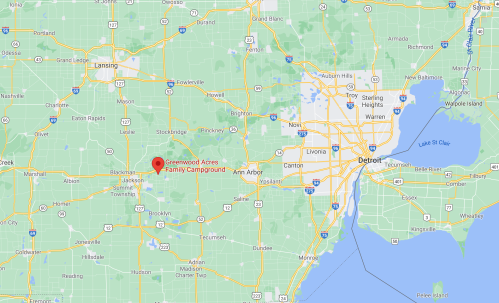 Map showing the location of Greenwood Acres Family Campground in Michigan, near Lansing and Detroit.