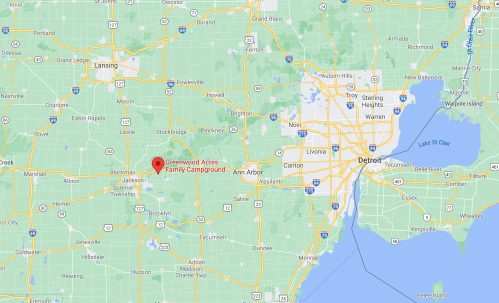 Map showing the location of Greenwood Acres Family Campground in Michigan, near Lansing and Detroit.