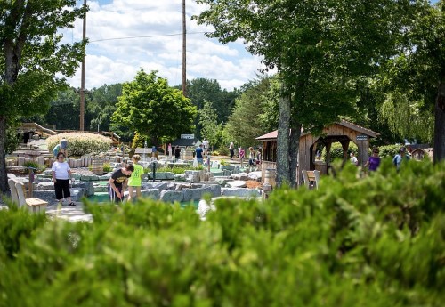A vibrant outdoor scene with people exploring a landscaped area filled with stone features and greenery under a blue sky.