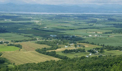 Aerial view of lush green fields, farms, and distant mountains under a clear blue sky.