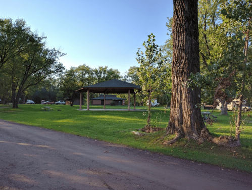 A grassy park area with a gazebo, surrounded by trees and a dirt road, under a clear blue sky.