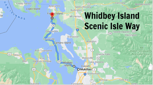 Map showing Whidbey Island and Scenic Isle Way, highlighting locations like Mukilteo and Everett.