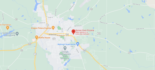 Map showing the location of Roman Oven Pizzeria in Americus, Georgia, near major roads and landmarks.