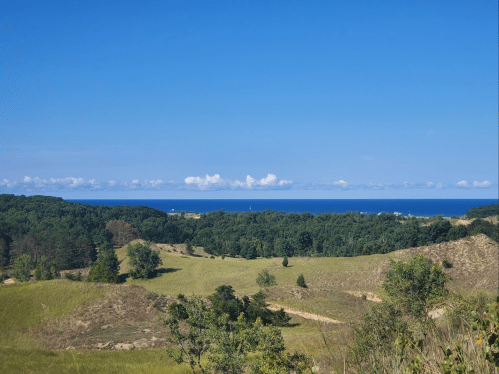A scenic view of rolling green hills leading to a blue ocean under a clear sky with scattered clouds.