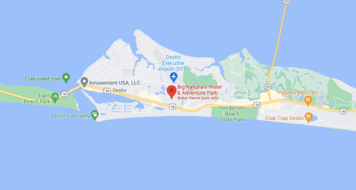 Map showing Destin, Florida, highlighting Big Kahuna's Water & Adventure Park near the beach and local attractions.