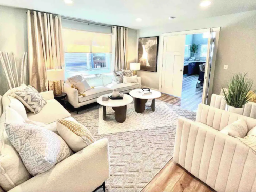 A cozy living room with light-colored sofas, a patterned rug, and a bright atmosphere, featuring modern decor and plants.