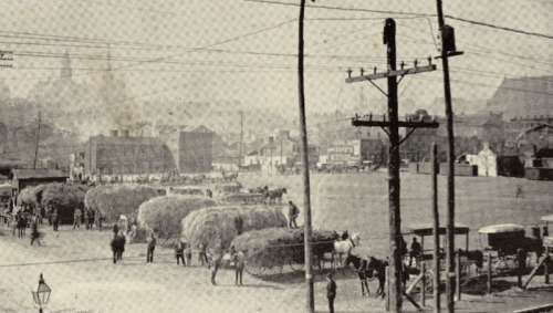 A historic black-and-white photo of a busy street with horse-drawn wagons and hay bales, surrounded by buildings and power lines.