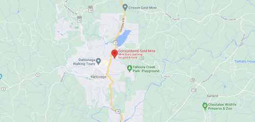 Map showing the location of Consolidated Gold Mine in Dahlonega, Georgia, near other attractions and parks.