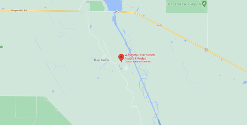 Map showing the location of Westgate River Ranch Resort & Rodeo, surrounded by green areas and near highways.