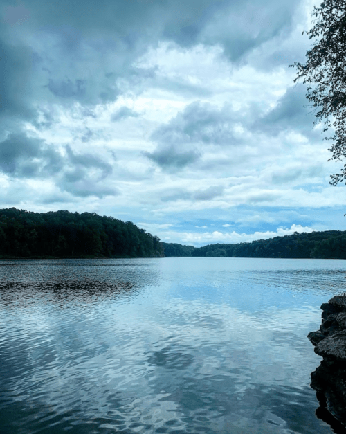 A serene lake surrounded by trees under a cloudy sky, reflecting the clouds on the water's surface.