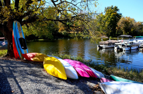 Colorful kayaks and paddleboards lined up by a serene lake, surrounded by trees and a dock in the background.