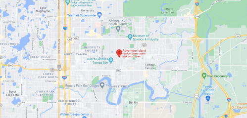 Map showing the location of Adventure Island near the University of South Florida in Tampa, Florida.