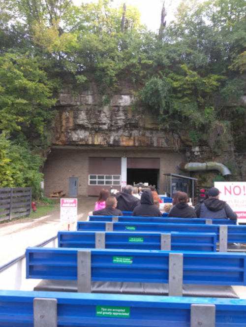 A group of people seated on a blue bench in front of a rocky cliff and a building, surrounded by trees.