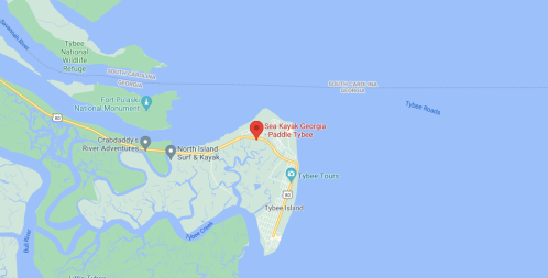 Map showing the location of So Kayak Georgia Paddle Tybee on Tybee Island, near the coast of Georgia.