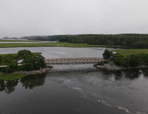 A wooden bridge spans a calm river, surrounded by lush greenery and misty skies.