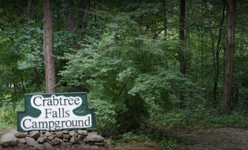 Sign for Crabtree Falls Campground surrounded by lush green trees and foliage.