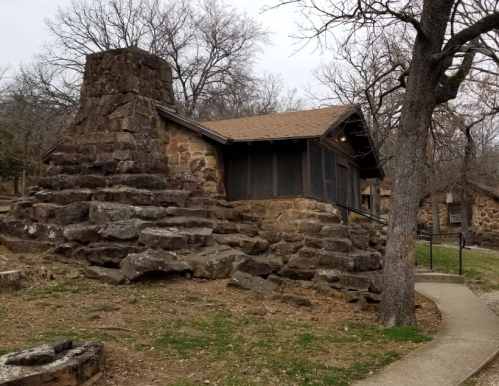 A rustic stone building with a chimney, surrounded by trees and a grassy area, on a cloudy day.