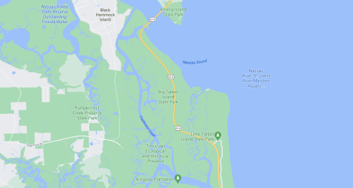Map showing Big Talbot Island State Park and surrounding areas, including waterways and nearby parks.