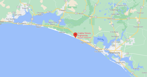 Map showing the coastline near Panama City, Florida, with a marker for Crabby Steve's restaurant.