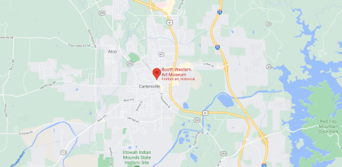 Map showing Cartersville, Georgia, with a marker for the Booth Western Art Museum.