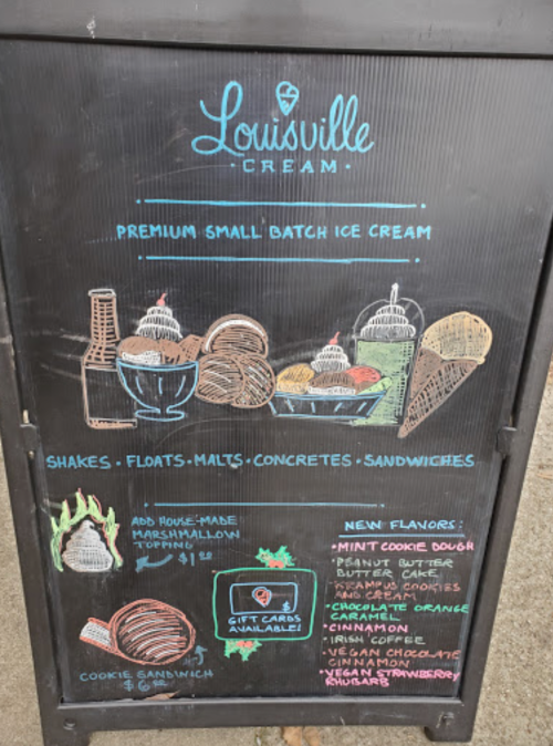 Chalkboard menu for Louisville Cream featuring ice cream flavors, shakes, floats, and desserts with colorful illustrations.