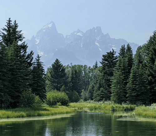 A serene landscape featuring a calm river, lush greenery, and majestic mountains in the background under a clear sky.