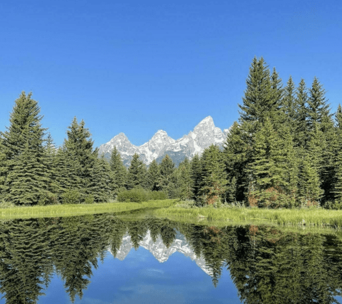 A serene landscape featuring a clear lake reflecting snow-capped mountains and lush green trees under a blue sky.