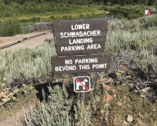 Sign for Lower Schwabacher Landing parking area, stating "No parking beyond this point" with a no dog symbol.