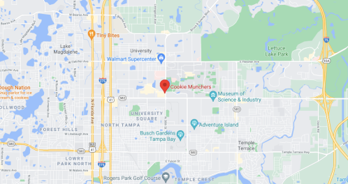 Map showing the location of Cookie Munchers near the University of South Florida in Tampa, Florida.