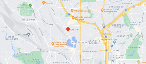 Map showing the location of Tuza Taco in Atlanta, near various parks and restaurants.