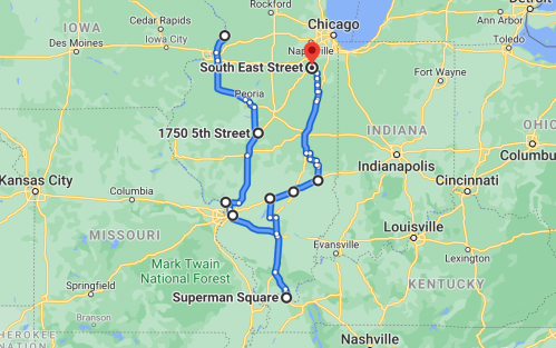 Map showing a route from Superman Square to Chicago, passing through Peoria and other locations in Illinois and Indiana.