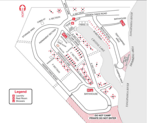 Map of a campground layout, showing sections, facilities, and the Tangipahoa River. Includes a legend for navigation.