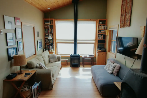 Cozy living room with two sofas, a wood stove, large windows, and bookshelves filled with books.