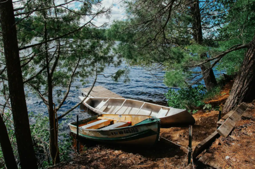 Two boats on a serene lakeshore, surrounded by trees and reflecting blue skies. A wooden dock extends into the water.