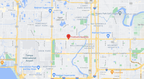Map showing the location of Pickford's Sundries in Tampa, Florida, near various landmarks and neighborhoods.