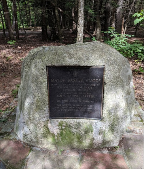 A large stone monument in a wooded area, inscribed with "Mayor Baxter Woods" and details about its dedication.