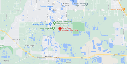 Map showing Carter Road Mountain Bike Trails, near Diogi Dog Park and various parks in Lakeland, Florida.