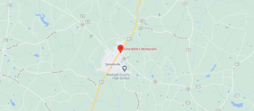 Map showing the location of Gina Belle's Restaurant near Danielsville and Madison County High School.